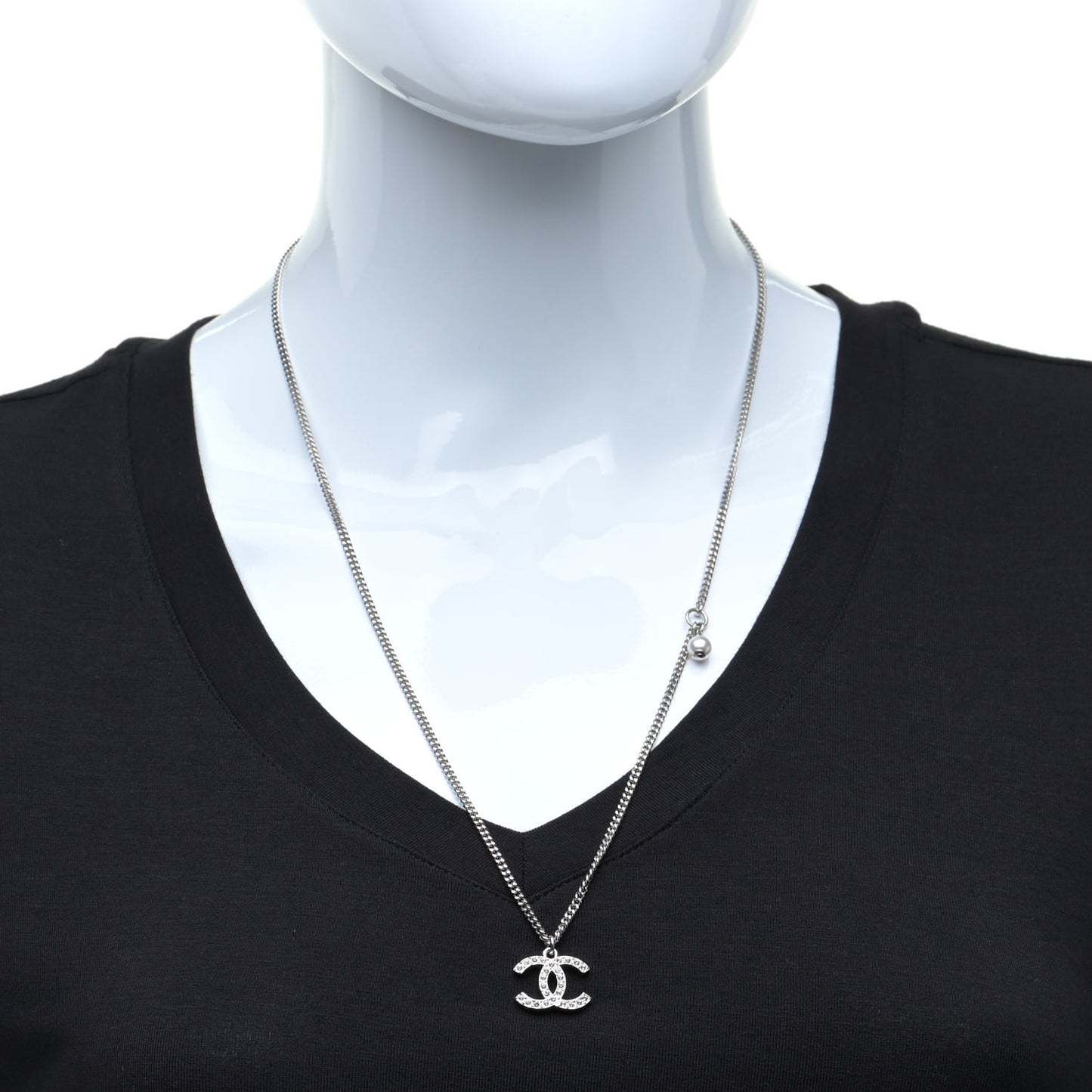 Crystal Pearl CC Pendant Necklace Silver