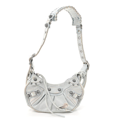 Balenciaga Washed Frayed Denim Crystal XS Le Cagole Shoulder Bag Pale Blue 1 of 15