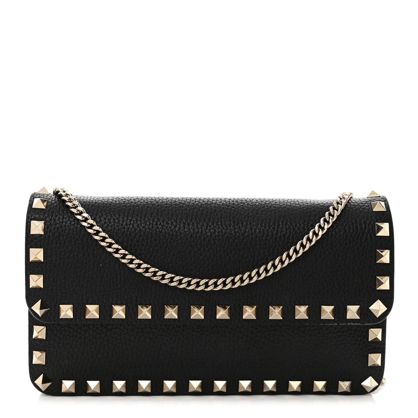 Pebbled Calfskin Rockstud Flap Wallet On Chain Black