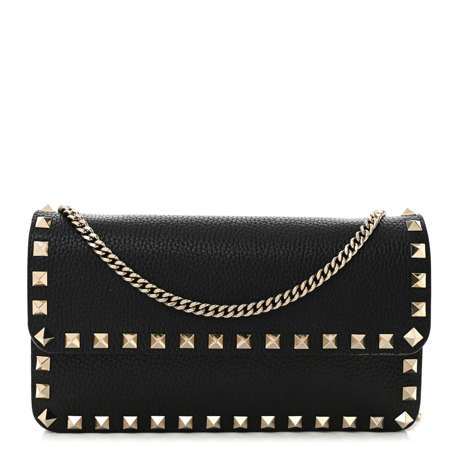 Valentino Garavani Pebbled Calfskin Rockstud Flap Wallet On Chain Black 1 of 12