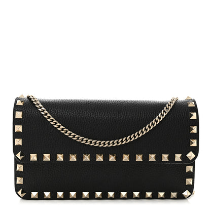 Valentino Garavani Pebbled Calfskin Rockstud Flap Wallet On Chain Black 1 of 12