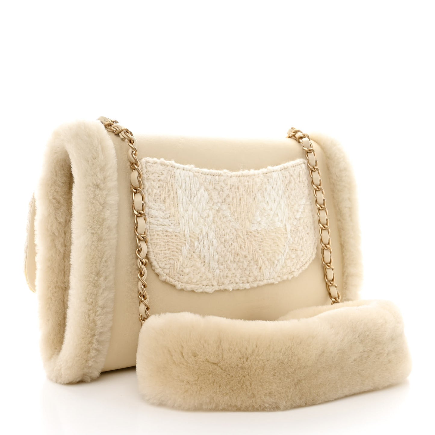 Tweed Shearling Lambskin Quilted Single Flap Muff White