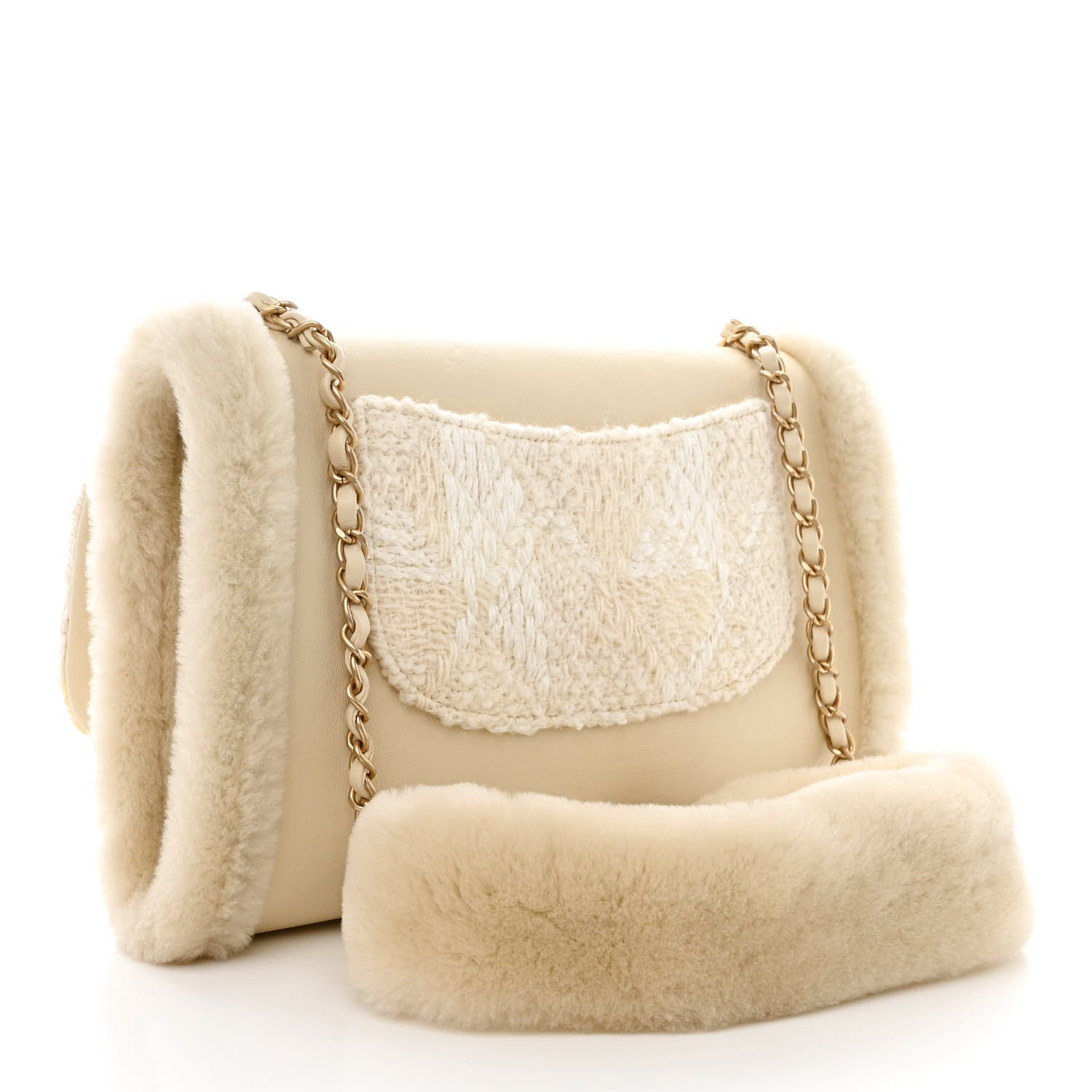 Chanel Tweed Shearling Lambskin Quilted Single Flap Muff White 3 of 11