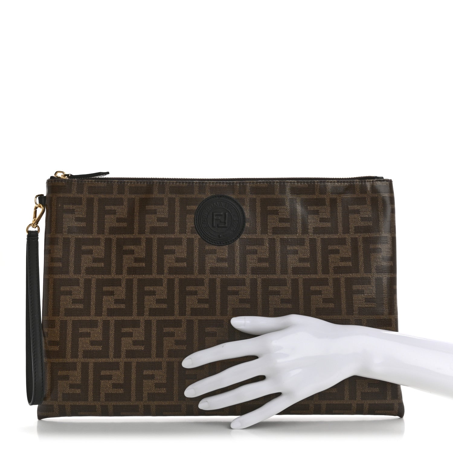Fendi Glazed Fabric Vitello Century FF 1974 Stamp Patch Large Flat Pouch Mogano Panna Black 2 of 12