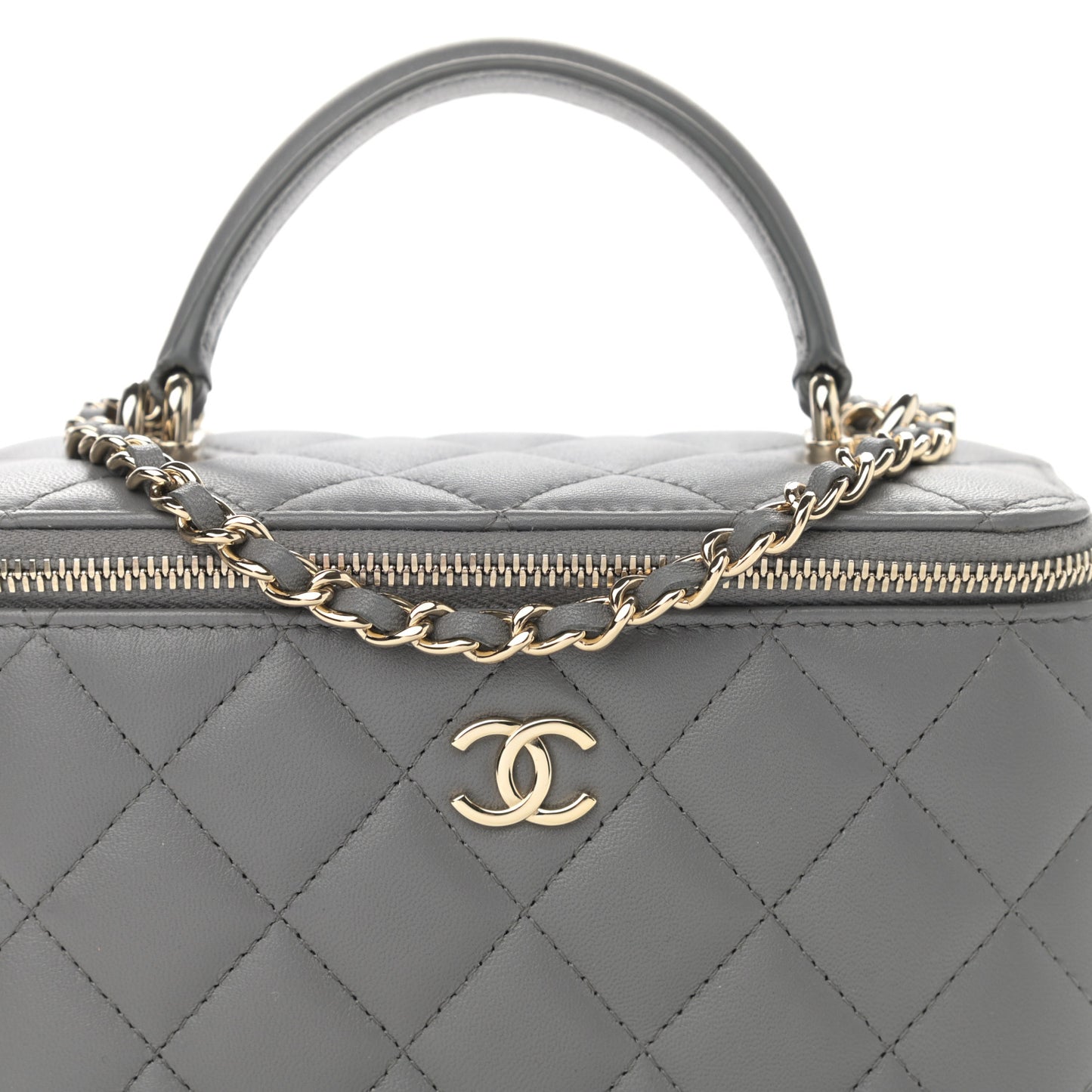 Lambskin Quilted Small Top Handle Vanity Case With Chain Dark Grey