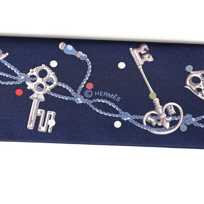Hermes Silk Metallic Agneau Les Cles A Pois Fringed Twilly Bleu Marine Gris Argent Multicolor 3 of 4