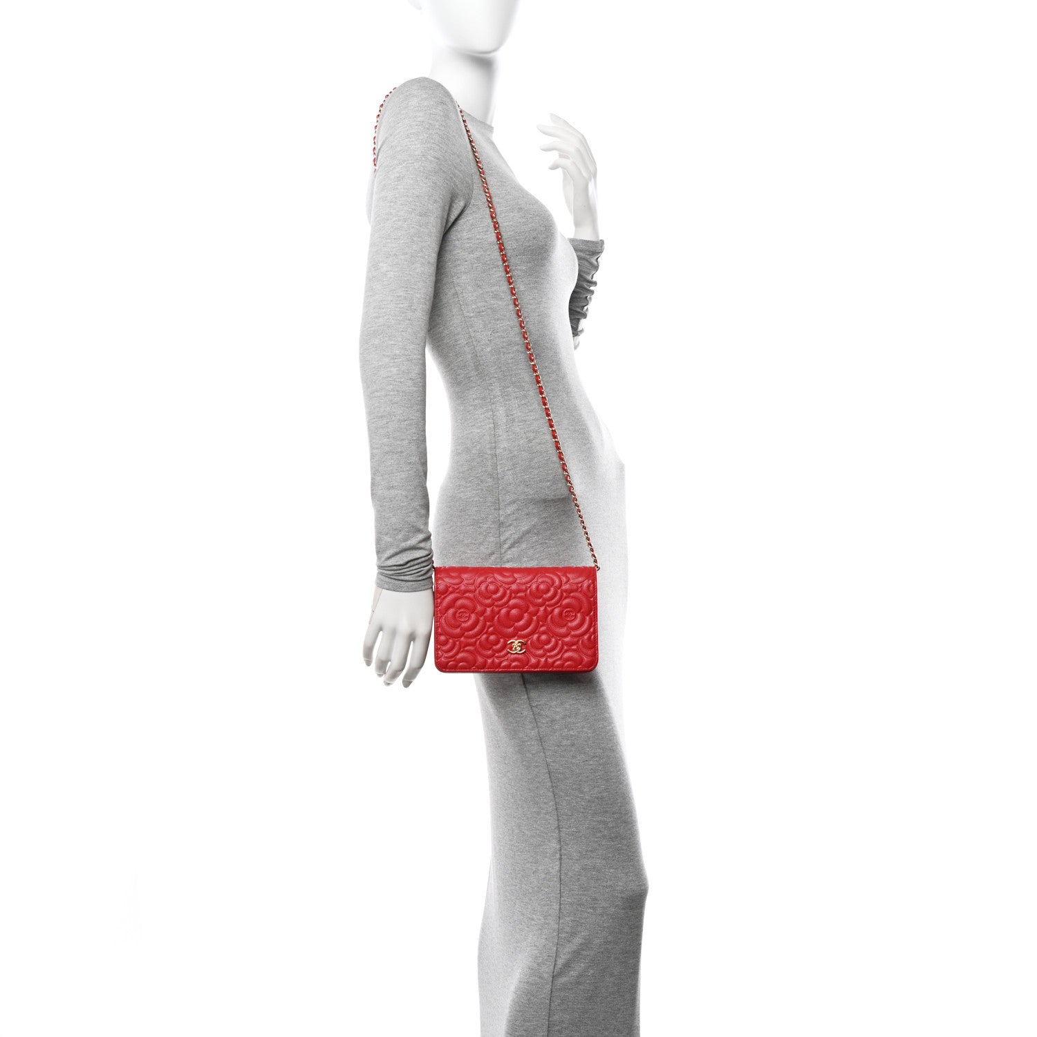 Chanel Caviar Camellia Embossed Wallet On Chain WOC Red 2 of 12