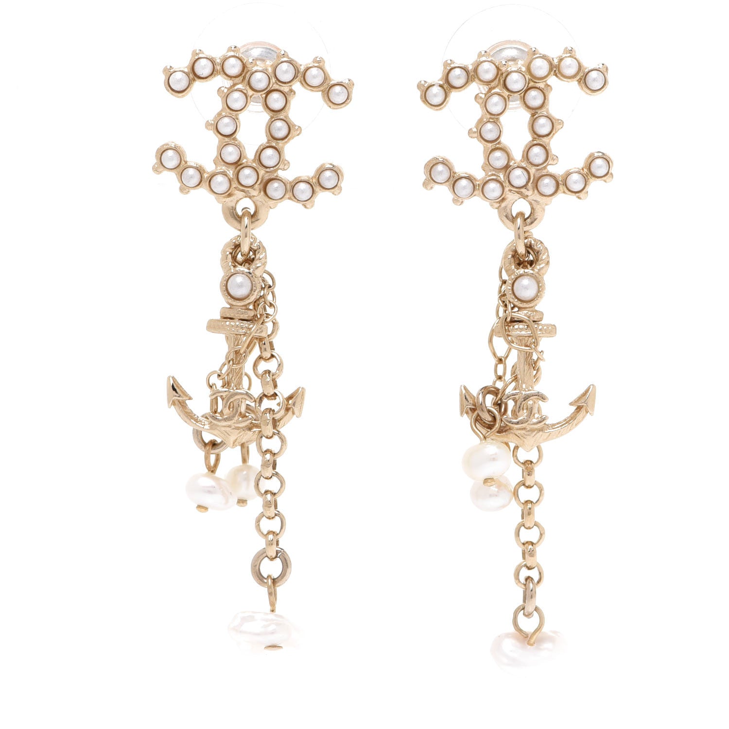 Chanel Pearl Chain CC Anchor Drop Earrings Pearly White Gold 1 of 5