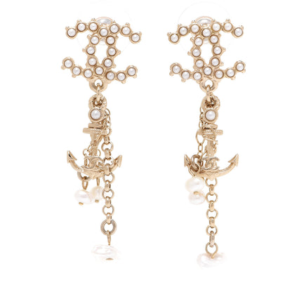 Chanel Pearl Chain CC Anchor Drop Earrings Pearly White Gold 1 of 5