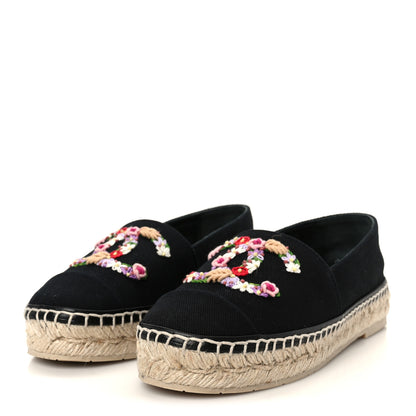 Chanel Cotton Embroidered Floral CC Espadrilles 37 Black 4 of 11