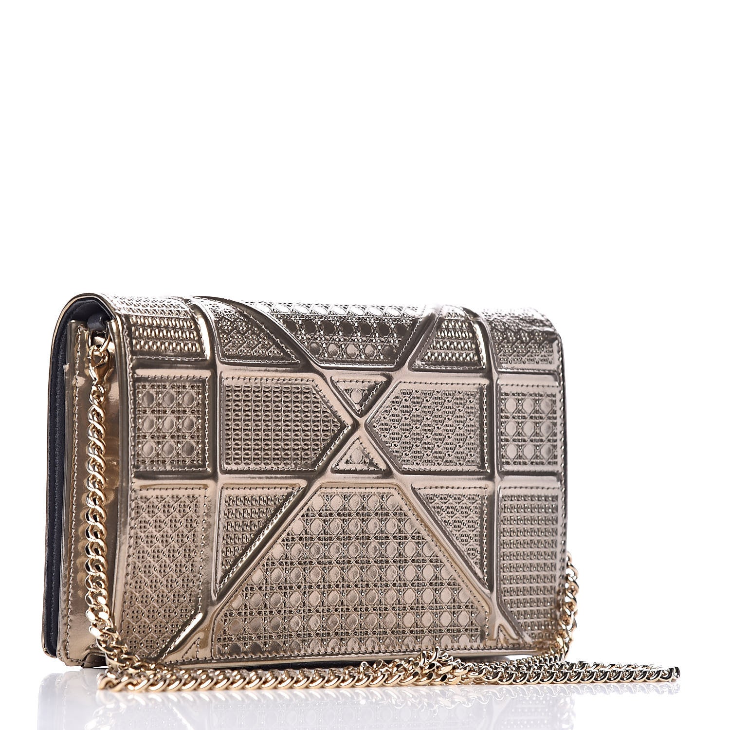 Christian Dior Metallic Patent Micro-Cannage Diorama Wallet on Chain Pouch Gold 3 of 13