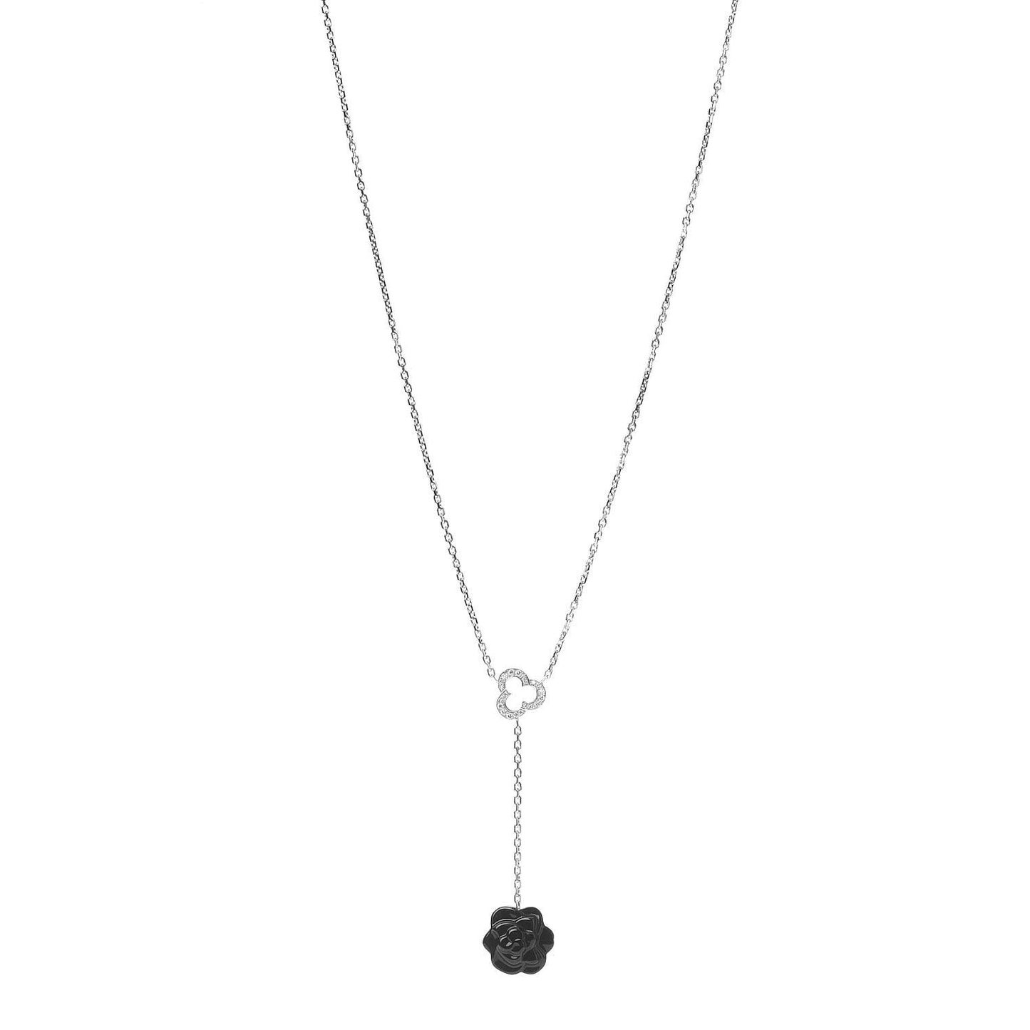 18K White Gold Diamond Black Onyx Camelia Sculpte Pendant Necklace
