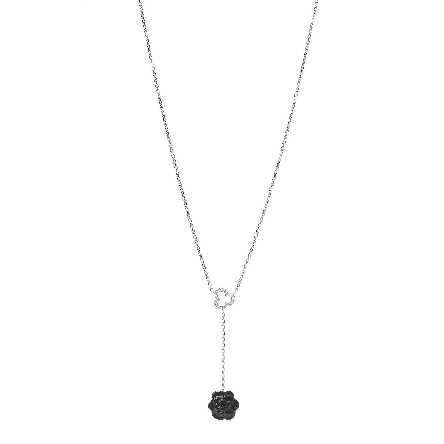 Chanel 18K White Gold Diamond Black Onyx Camelia Sculpte Pendant Necklace 1 of 5