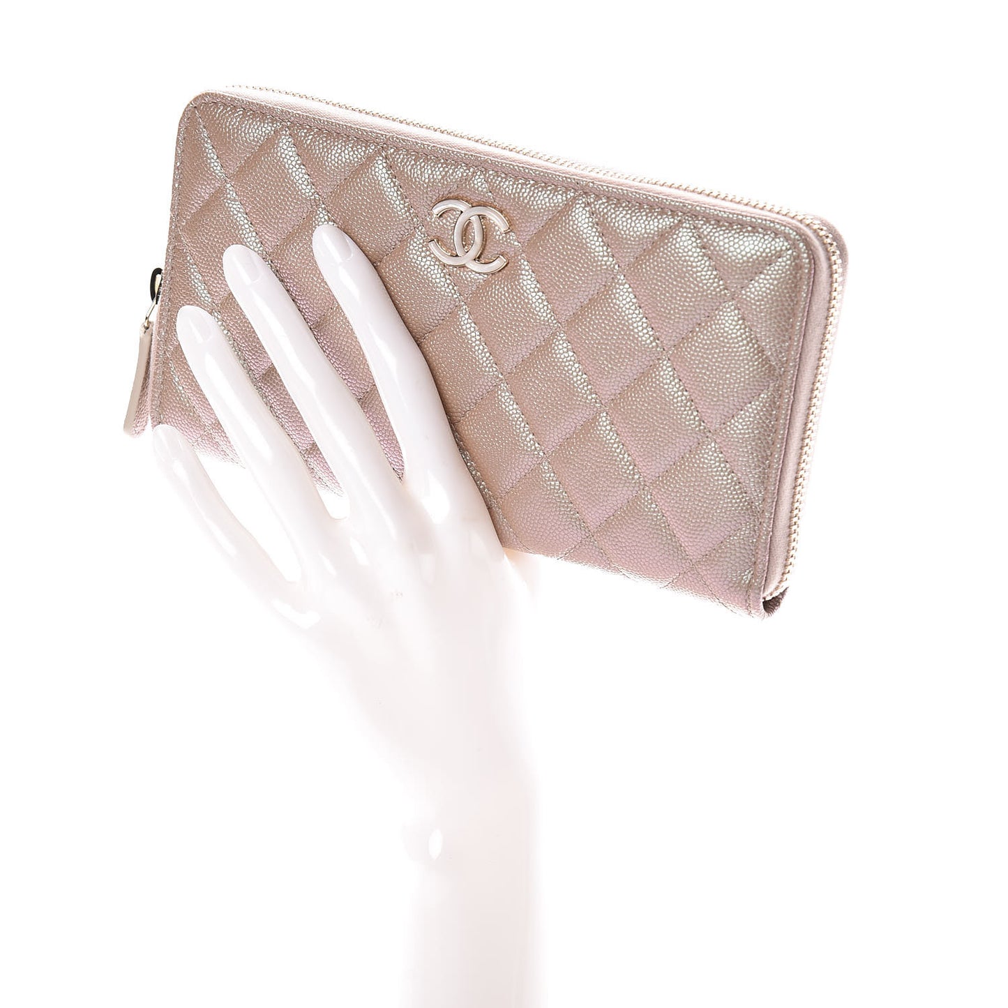 Iridescent Caviar Quilted Long Zip Around Wallet Beige