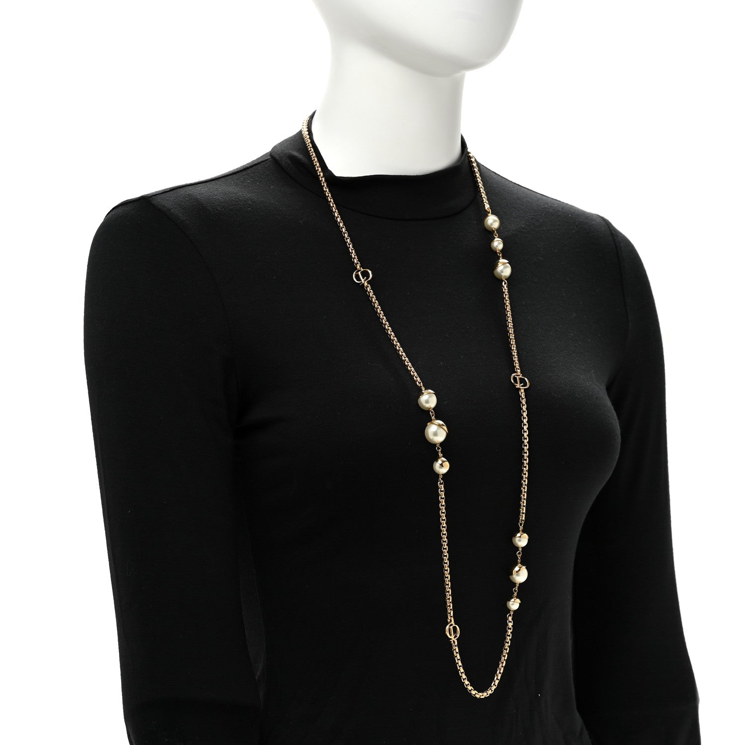 Christian Dior Metal Crystal Pearl CD Necklace Gold 2 of 5