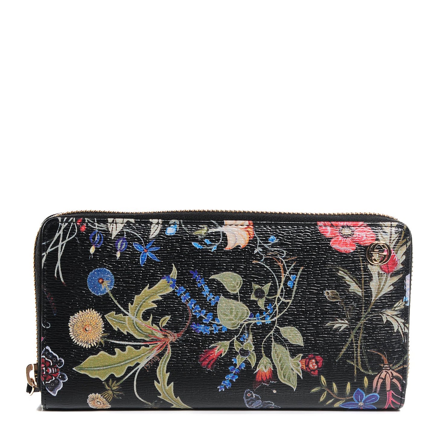 Shangai Calfskin Flora Knight Zip Around Wallet Black