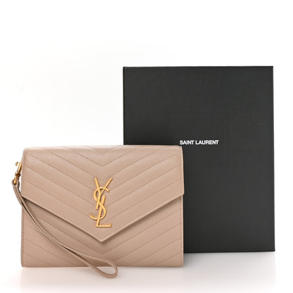 Saint Laurent Grain De Poudre Matelasse Chevron Monogram Envelope Clutch Dark Beige 8 of 8