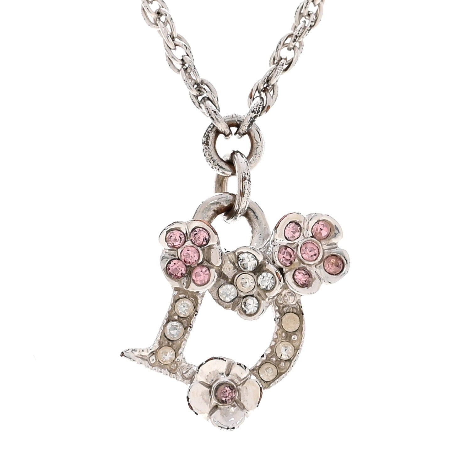 Christian Dior Crystal Flower Necklace Silver Pink 4 of 8