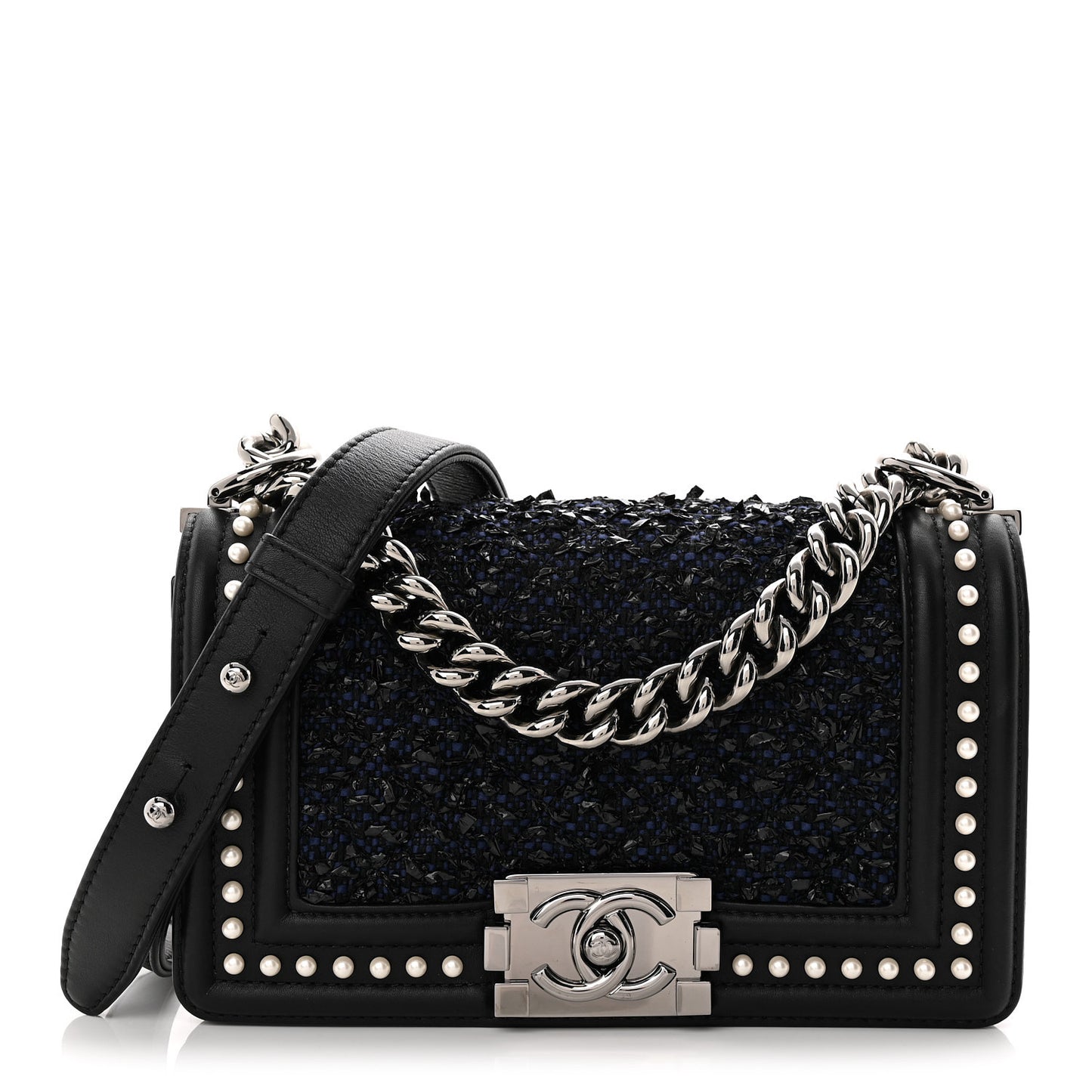 Calfskin Pearl Tweed Small Boy Flap Black