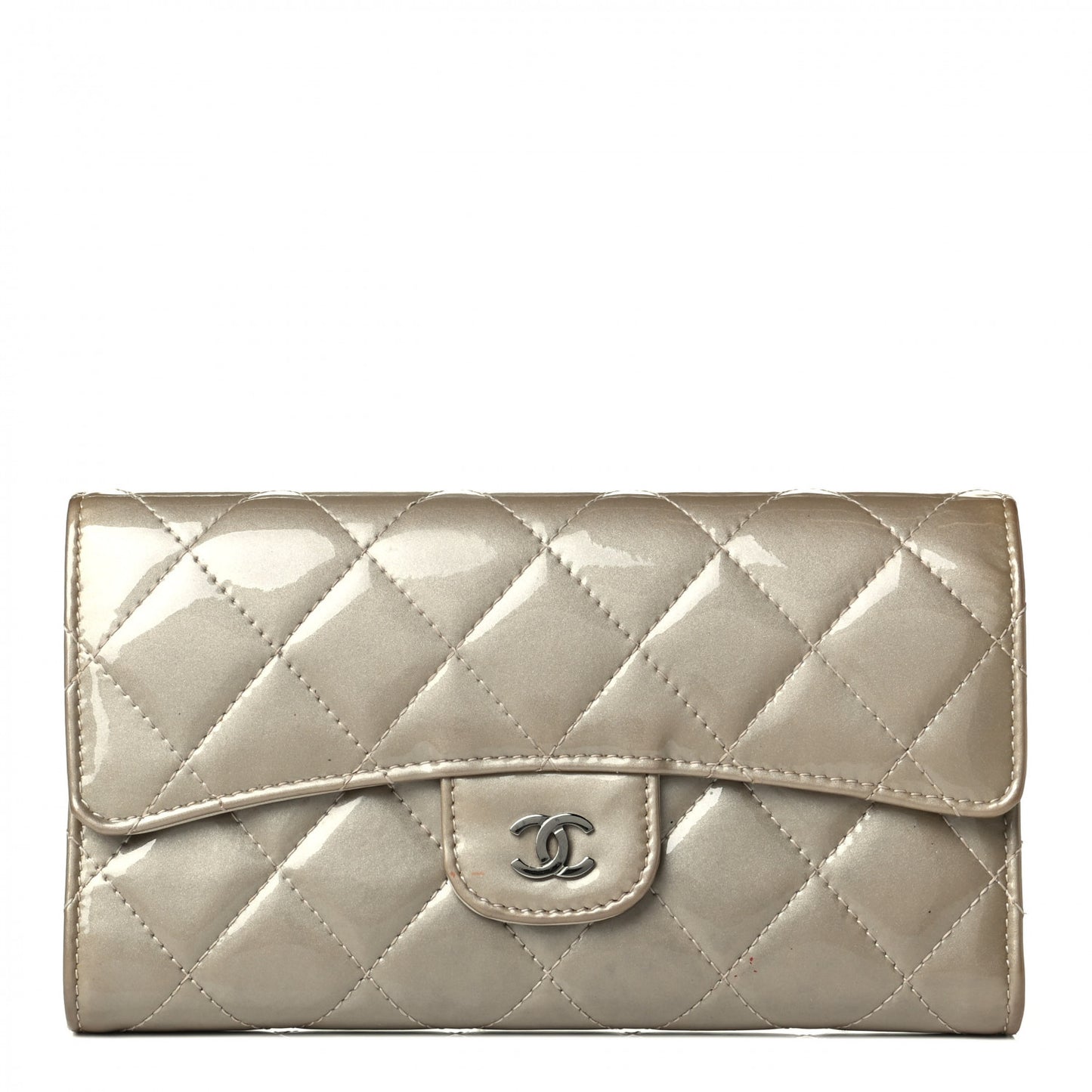 Patent Calfskin Quilted Large Flap Wallet Ivory