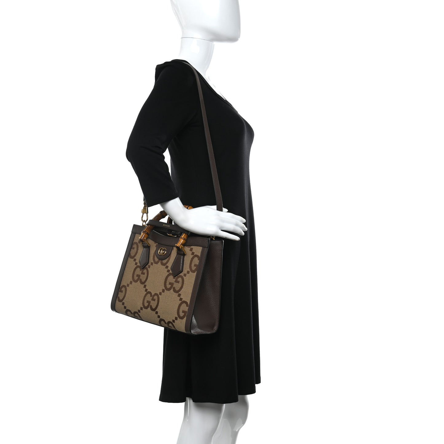 Monogram Jumbo GG Textured Dollar Calfskin Small Diana Tote Bag Camel Ebony New Acero