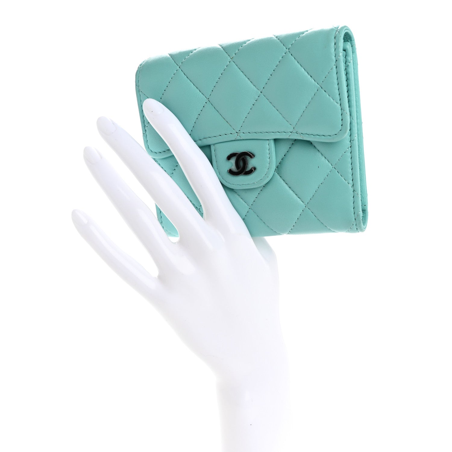 Chanel Lambskin Quilted Compact Flap Wallet Turquoise 2 of 13