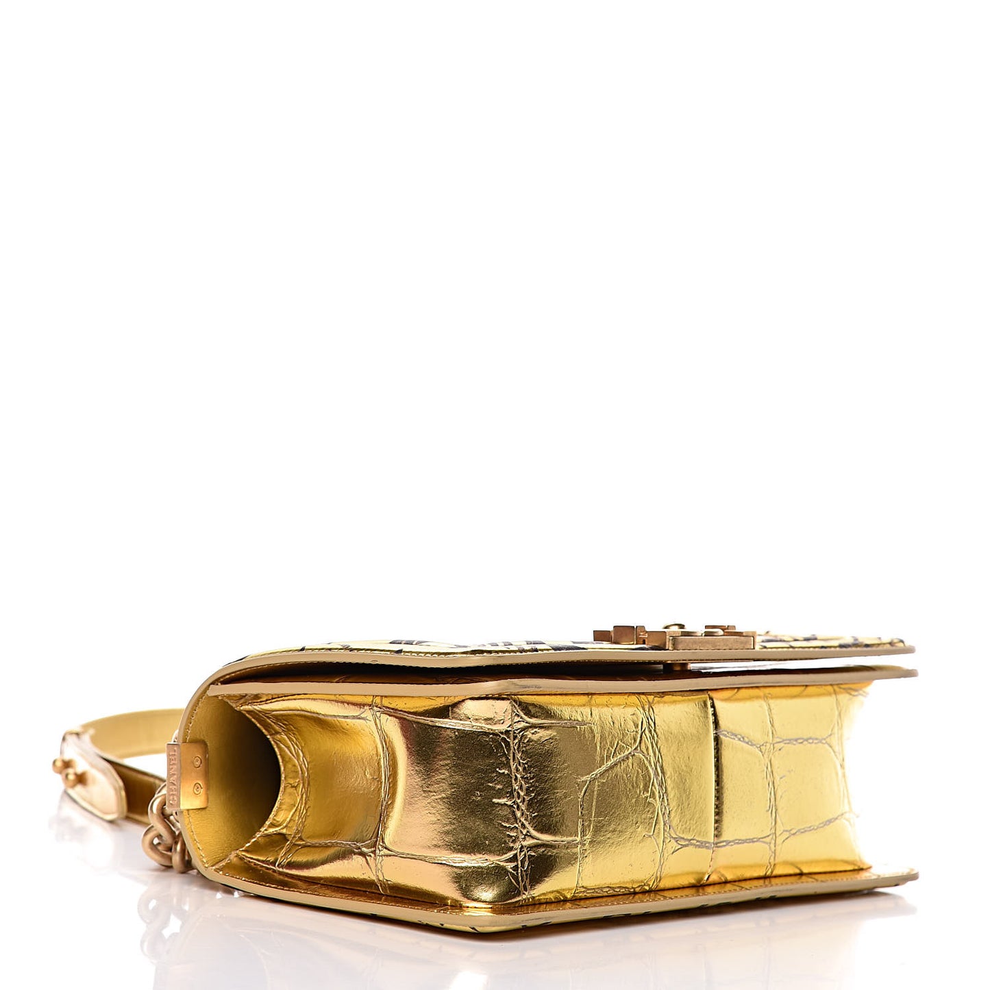 Metallic Calfskin Crocodile Embossed Graffiti Medium Cocodile Boy Flap Gold