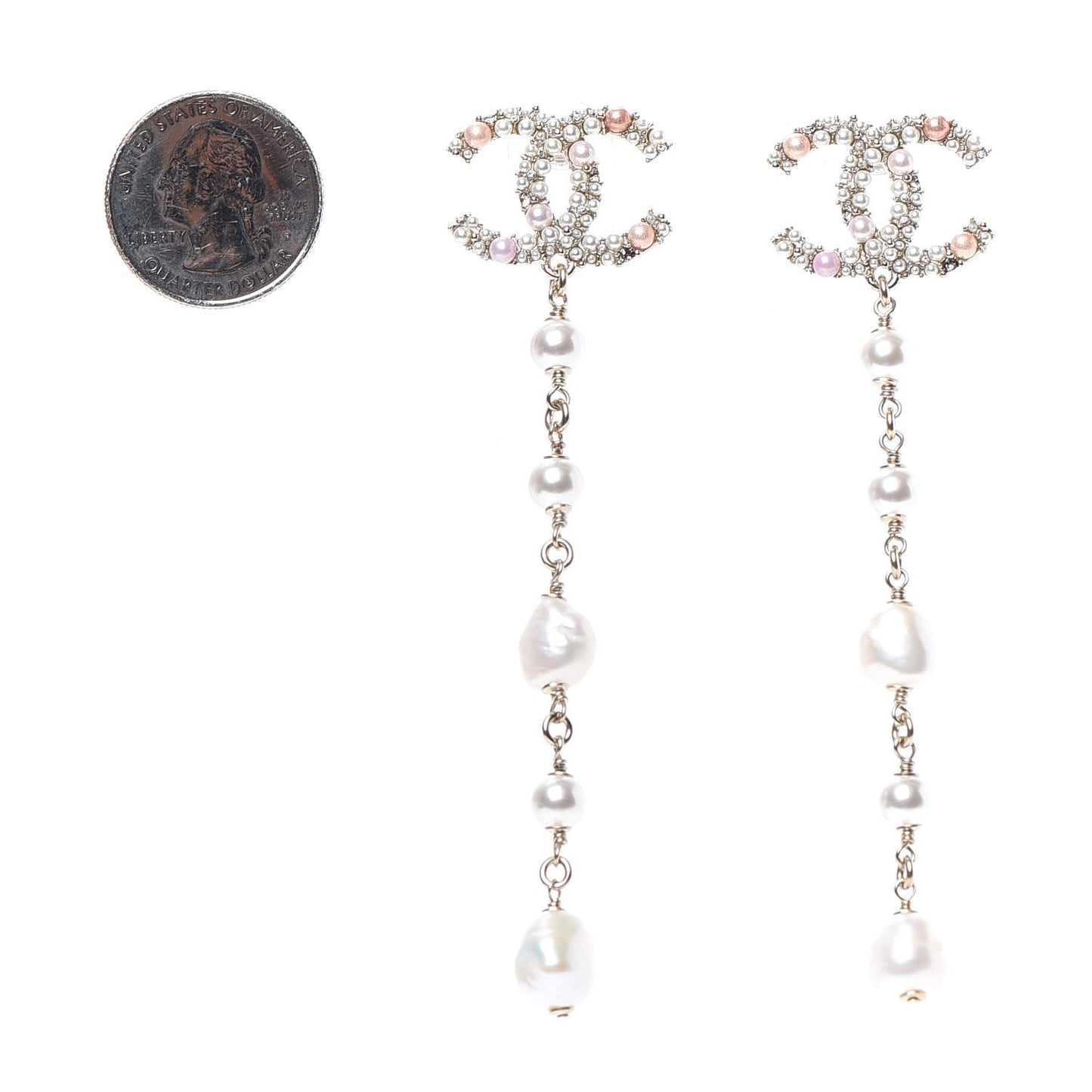 Pearl Crystal CC Charms Dangle Earrings Light Gold Pink