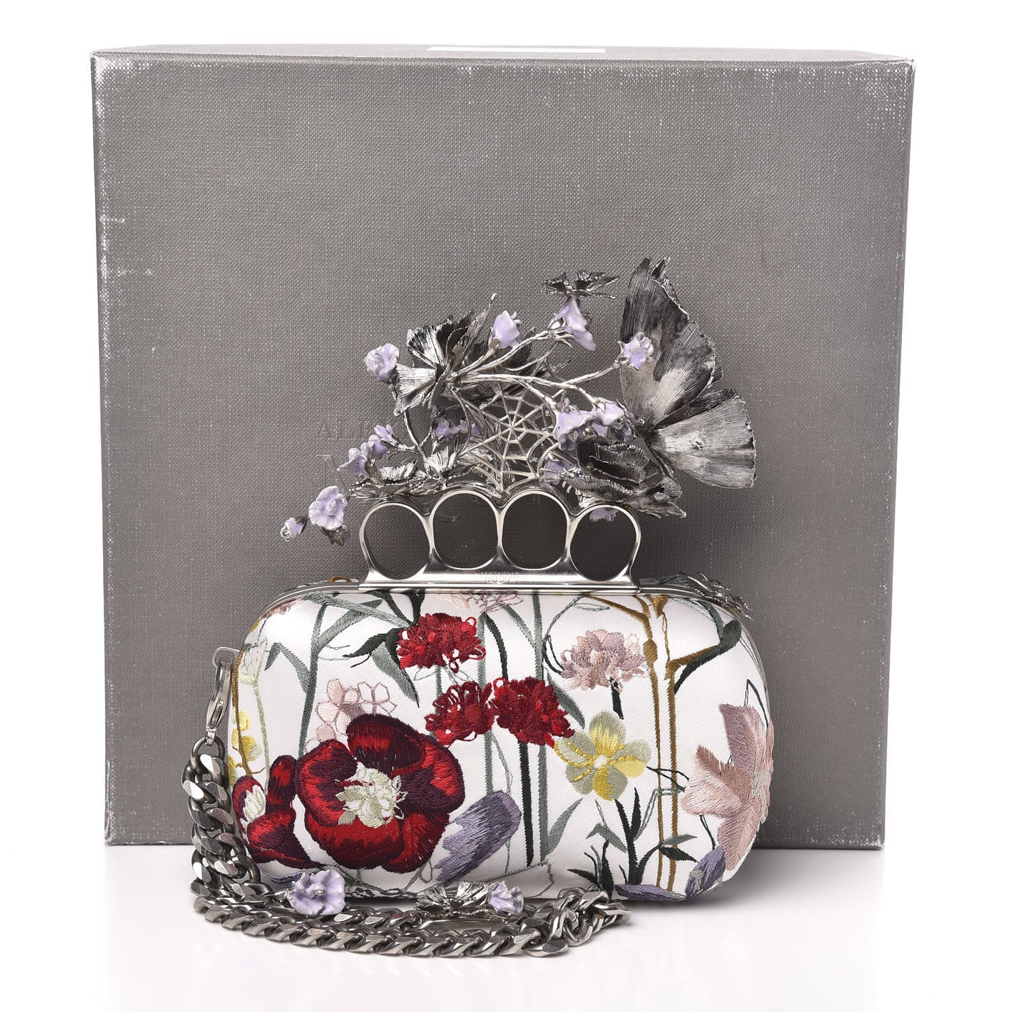 Satin Embroidered Flower Butterfly Knuckle Duster Box Clutch White Multicolor