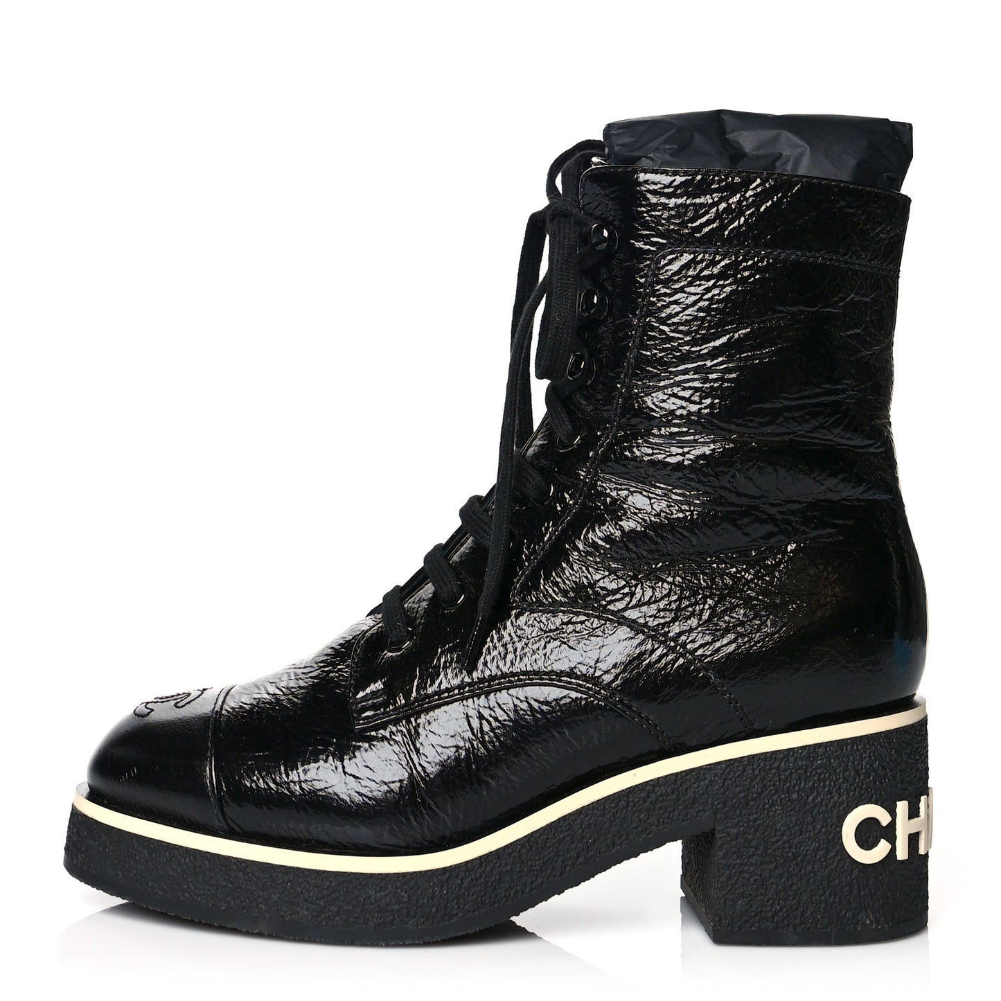 Shiny Crumpled Lambskin Lace Up Combat Boots 38 Black