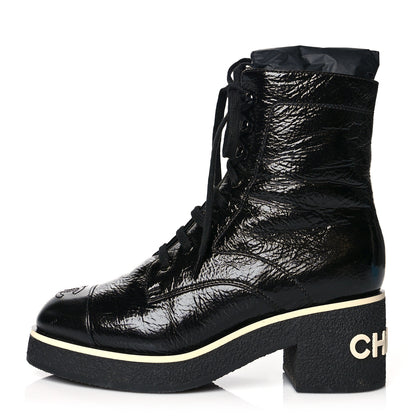 Chanel Shiny Crumpled Lambskin Lace Up Combat Boots 38 Black 1 of 10