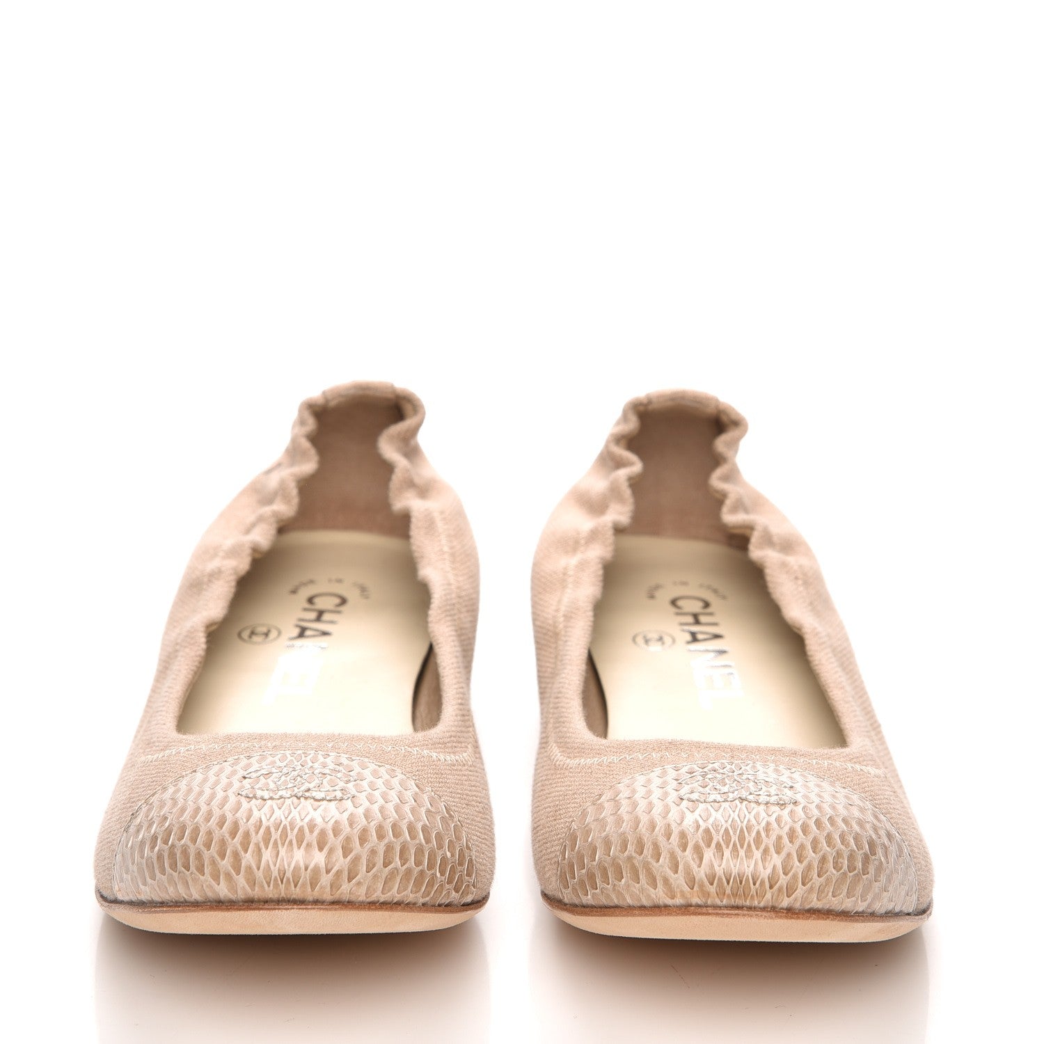 Chanel Toile Snakeskin Cap Toe CC Ballerina Flats 37 Dark Beige 2 of 7
