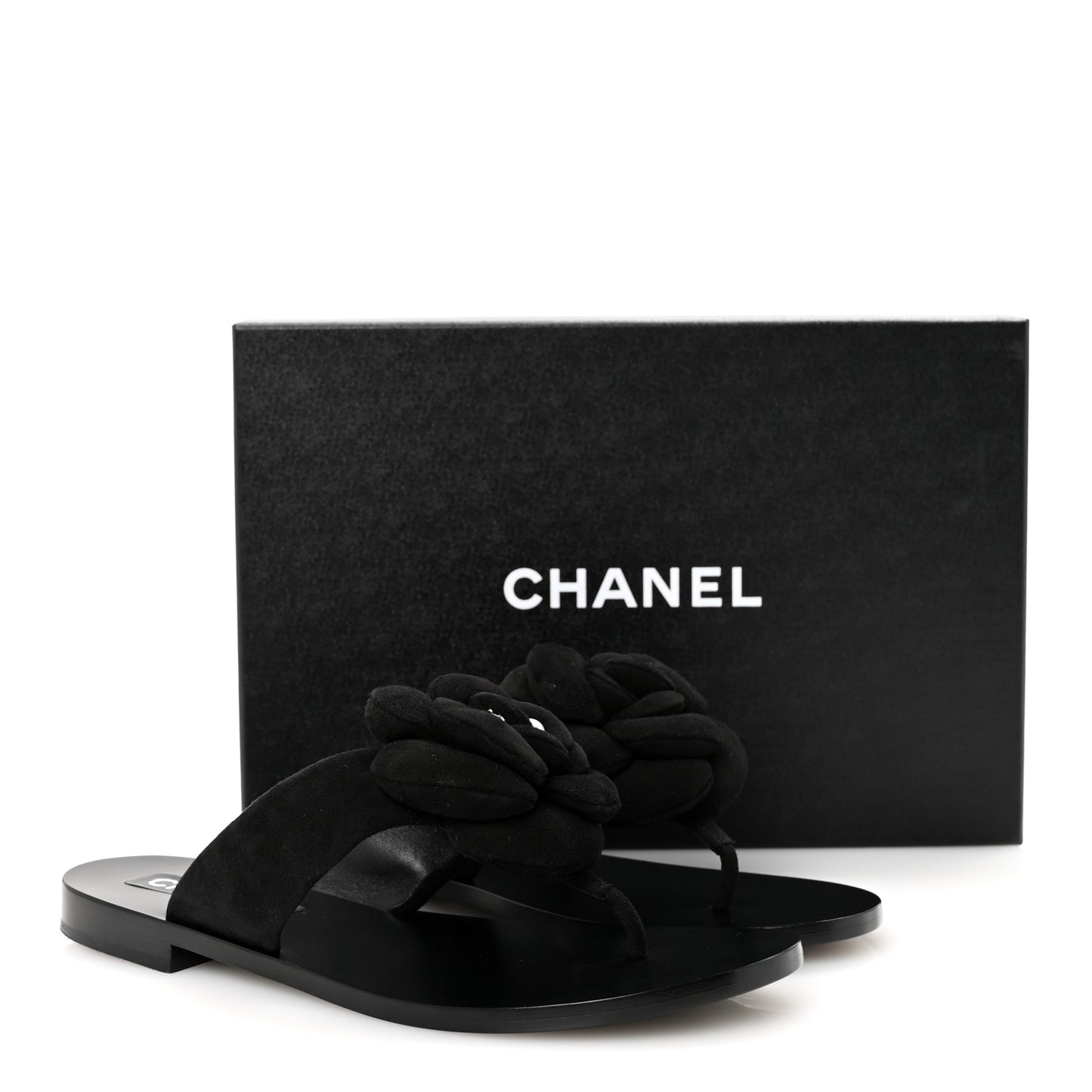 Suede Kidskin Pearl Camellia Thong Sandals 38.5 Black