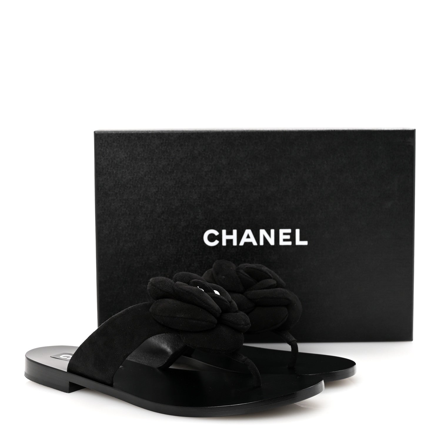 Chanel Suede Kidskin Pearl Camellia Thong Sandals 38.5 Black 10 of 10
