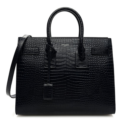 Saint Laurent Calfskin Crocodile Embossed Small Supple Sac de Jour Navy 1 of 8
