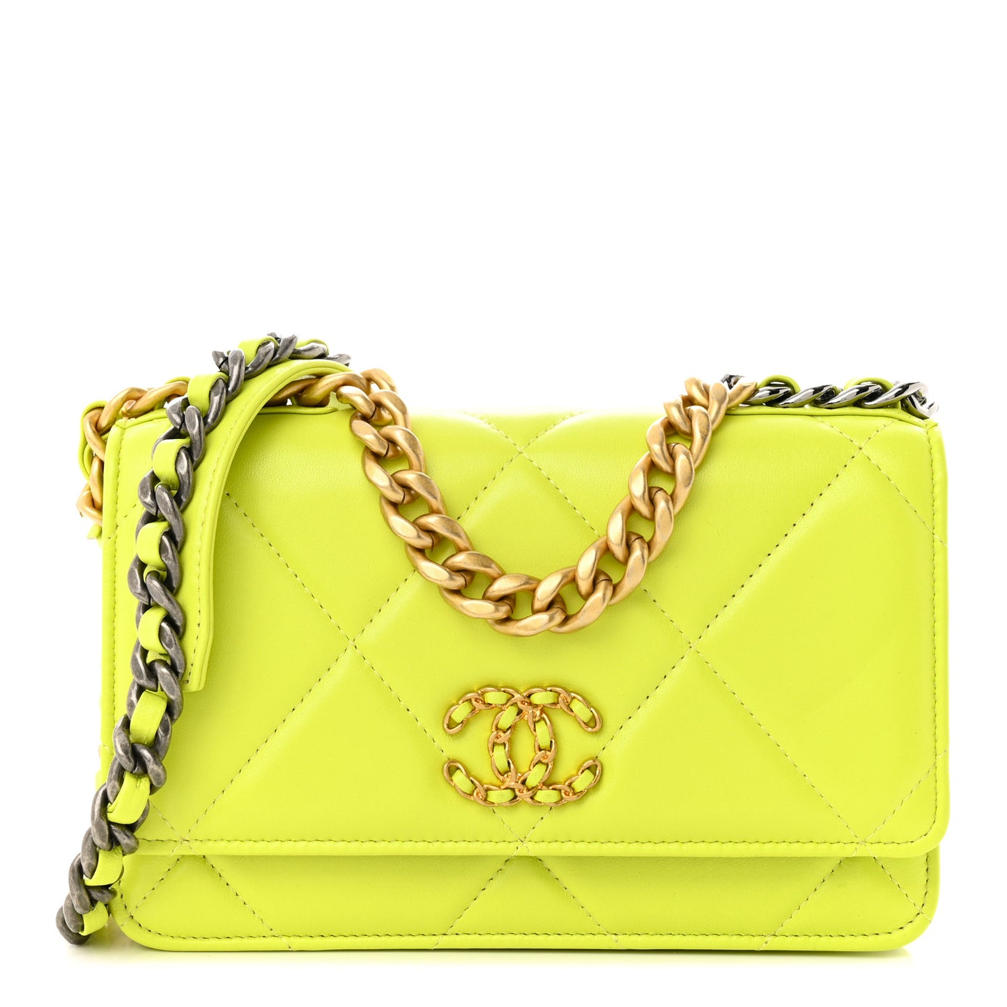 Shiny Lambskin Quilted Chanel 19 Wallet On Chain WOC Neon Yellow