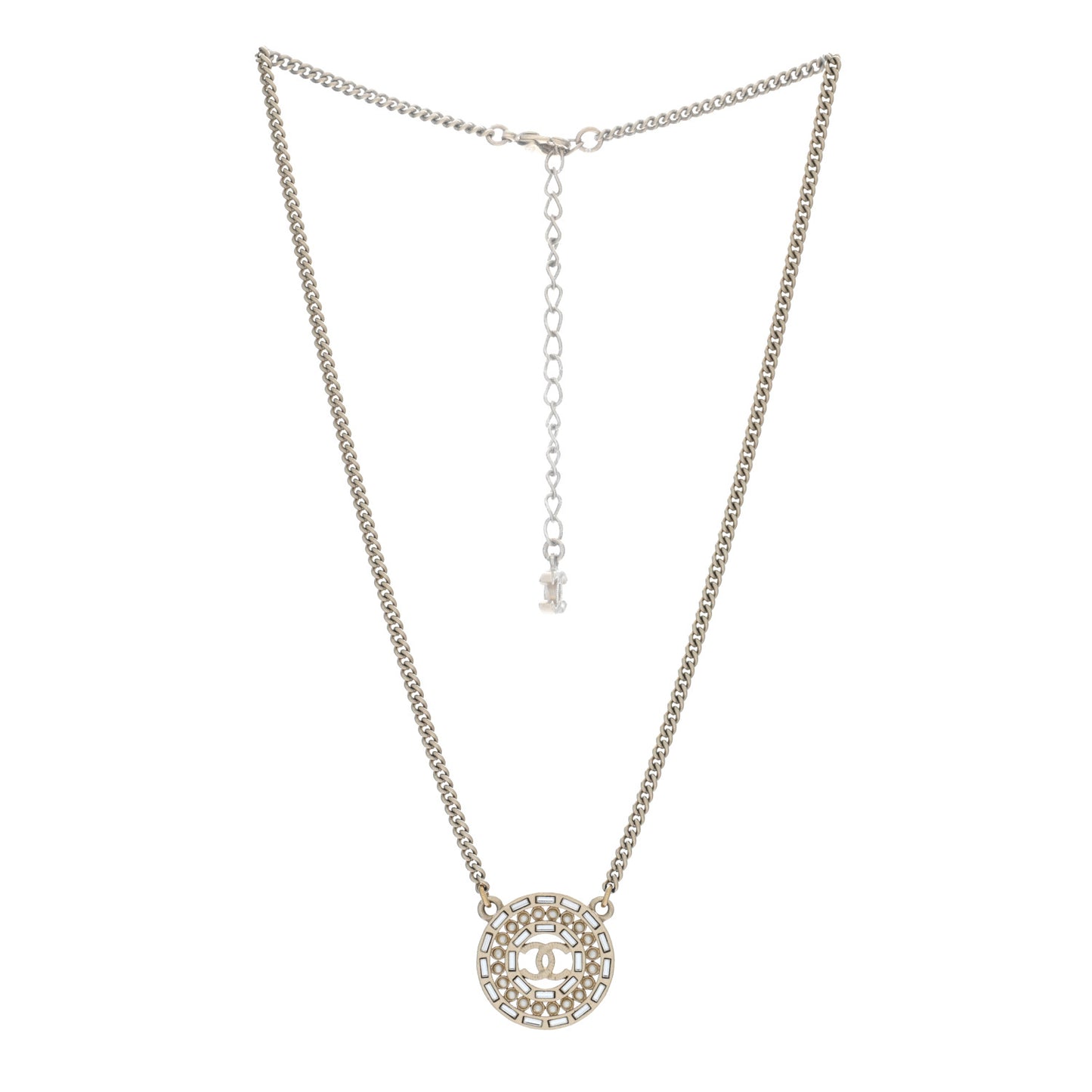 Pearl Crystal CC Round Pendant Necklace Gold