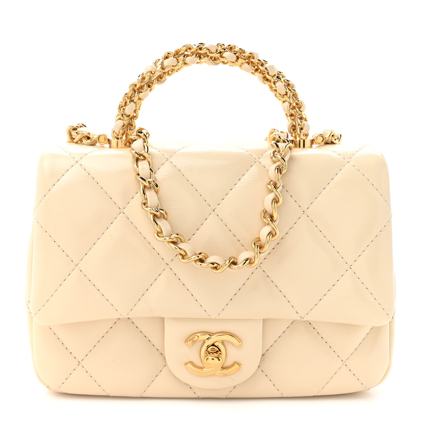 Shiny Lambskin Quilted Golden Links Top Handle Flap White