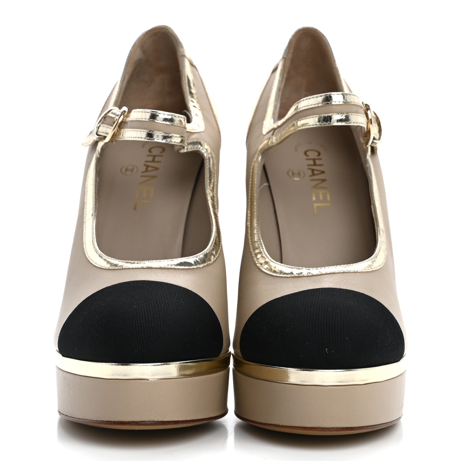 Chanel Lambskin Metallic Grosgrain Cap Toe Mary Jane Platform Pumps 41  Gold 3 of 13