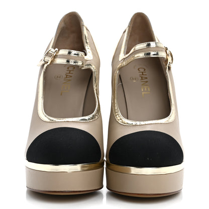 Chanel Lambskin Metallic Grosgrain Cap Toe Mary Jane Platform Pumps 41  Gold 3 of 13