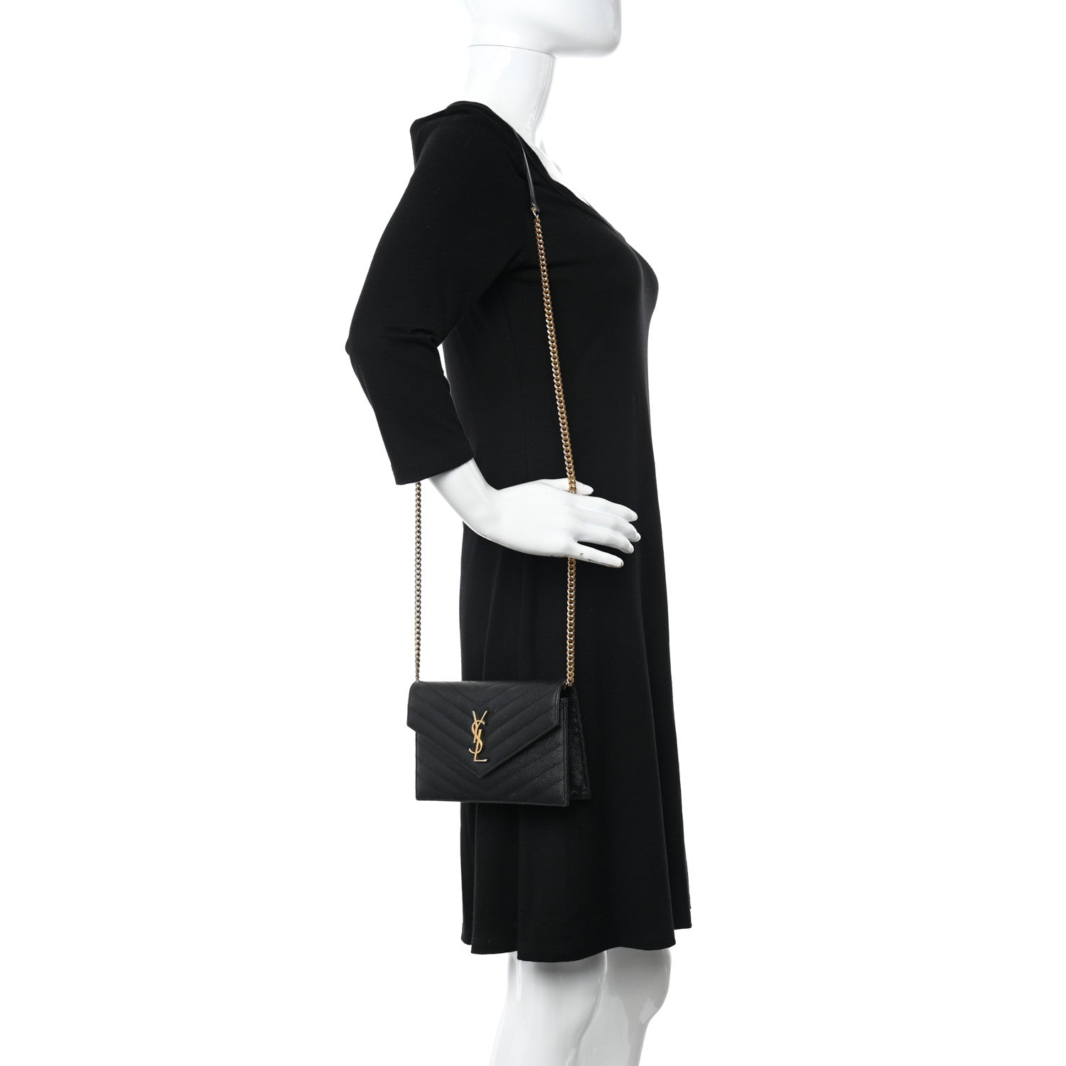 Saint Laurent Grain De Poudre Matelasse Chevron Monogram Envelope Chain Wallet Black 2 of 12