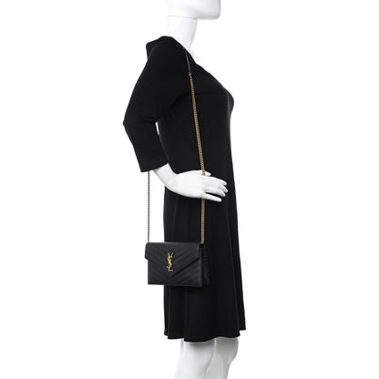 Saint Laurent Grain De Poudre Matelasse Chevron Monogram Envelope Chain Wallet Black 2 of 12