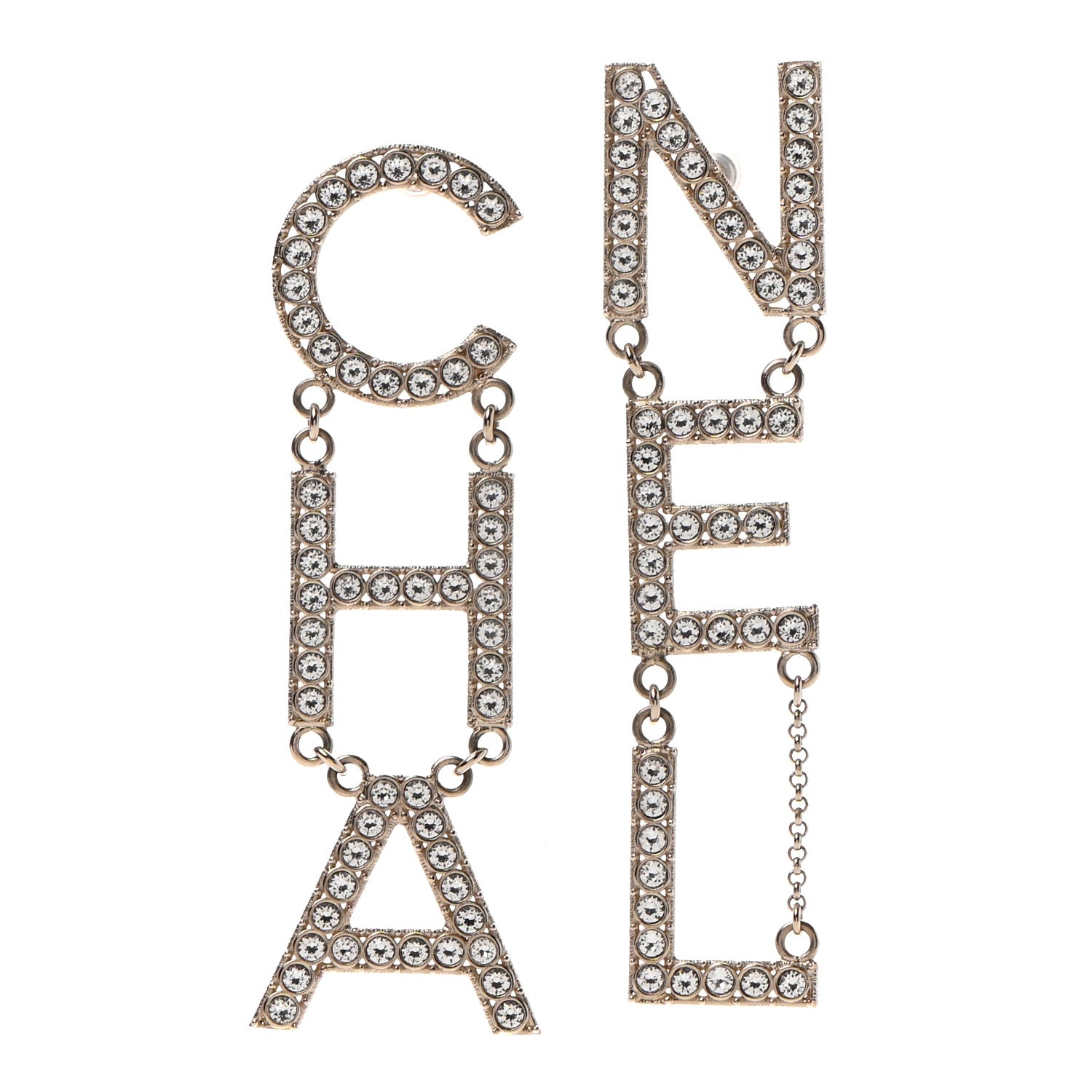 Chanel Crystal Cha-Nel Logo Drop Earrings Gold 1 of 4