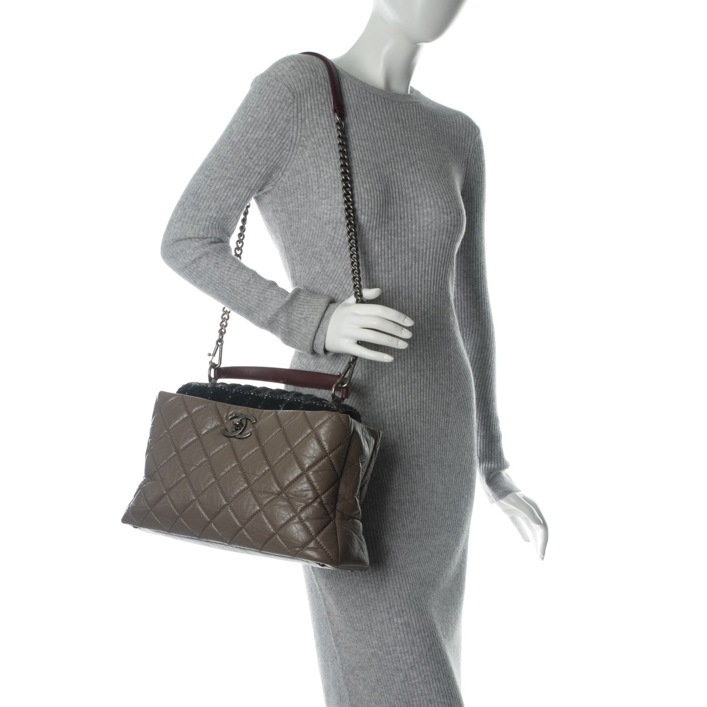 Aged Calfskin Tweed Large Quilted Portobello Tote Grey