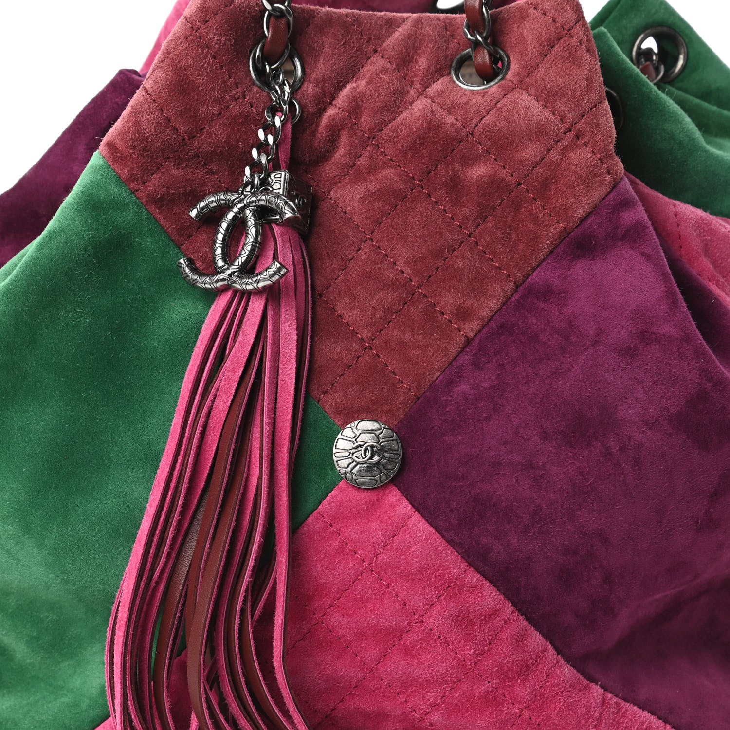Chanel Suede Quilted Patchwork Drawstring Bag Green Pink Purple Burgundy 10 of 11