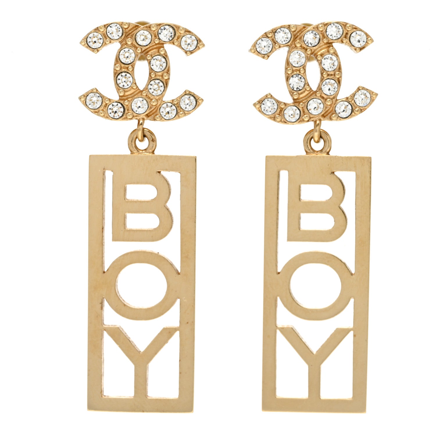 Chanel Metal Crystal CC Boy Drop Earrings Gold 1 of 5