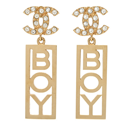 Chanel Metal Crystal CC Boy Drop Earrings Gold 1 of 5