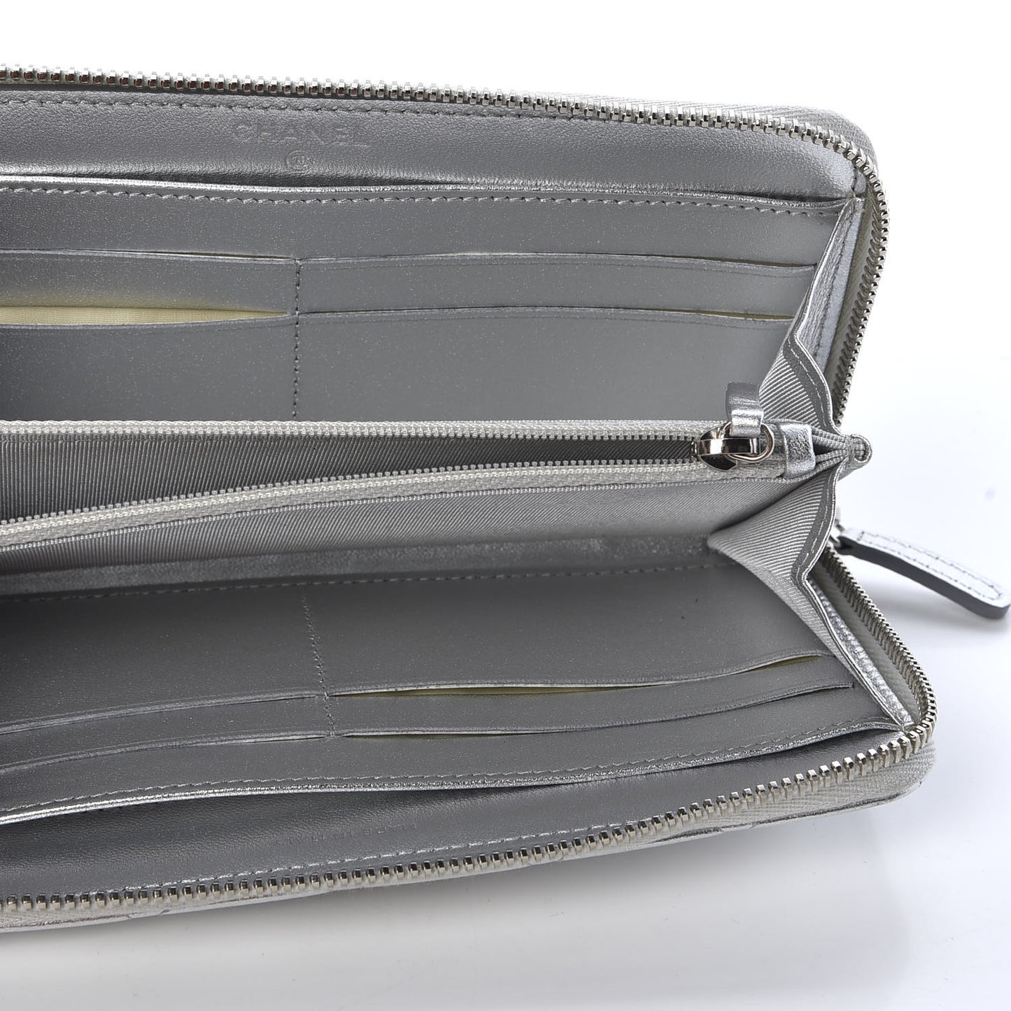 Metallic Lambskin Quilted Large Gusset Zip Around Wallet Silver