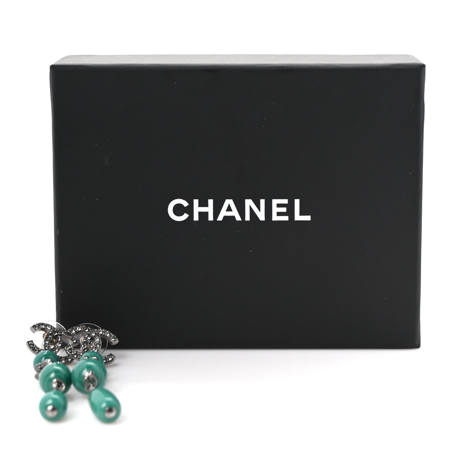 Chanel Ruthenium Crystal Bead CC Dangle Earrings Green Grey 5 of 5
