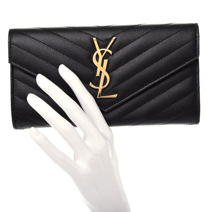 Saint Laurent Grain De Poudre Matelasse Chevron Monogram Flap Wallet Black 2 of 7